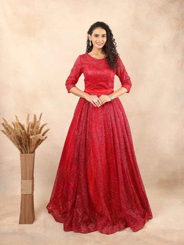 Red Glitter Net Ball Gown - Diadem
