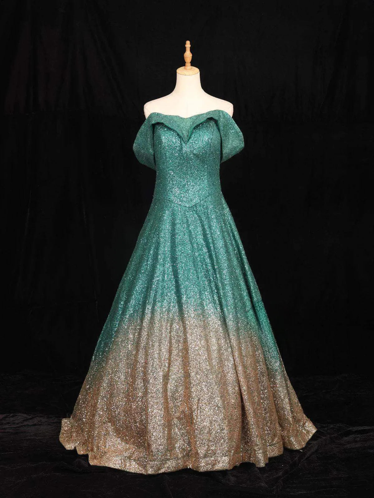 Dark Green Glitter Net Off-Shoulder Gown - Diadem