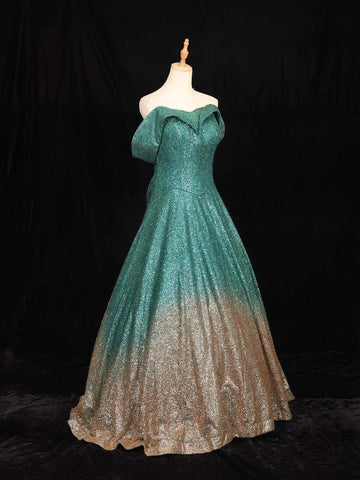 Dark Green Glitter Net Off-Shoulder Gown - Diadem