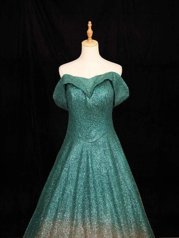 Dark Green Glitter Net Off-Shoulder Gown - Diadem