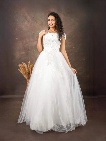 White Net Gown Embellished with Floral Thread Work Embroidery - Diadem