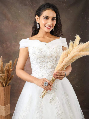 White Net Gown Embellished with Floral Thread Work Embroidery - Diadem