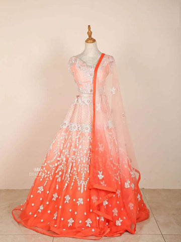 Orange Bridal Lehenga with Ombre Floral Stones Lace - Diadem