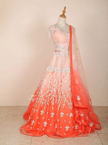 Orange Bridal Lehenga with Ombre Floral Stones Lace - Diadem