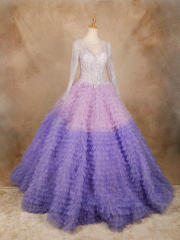 Purple Ruffled Sequins Net Ball Bridal Reception Gown - Diadem