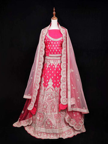 Pink Semi Stitched Lehenga Adorned with Sequins and Floral Design with 2 Dupatta - Diadem