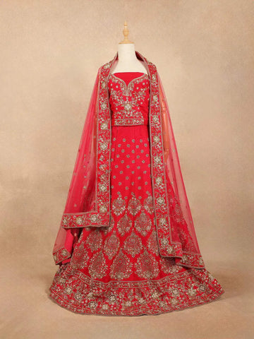 Red Pink Raw Silk Designer Bridal Lehenga with Floral Embroidery - Diadem