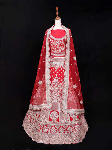 Red Raw Silk Bridal Lehenga with Floral Embroidery - Diadem