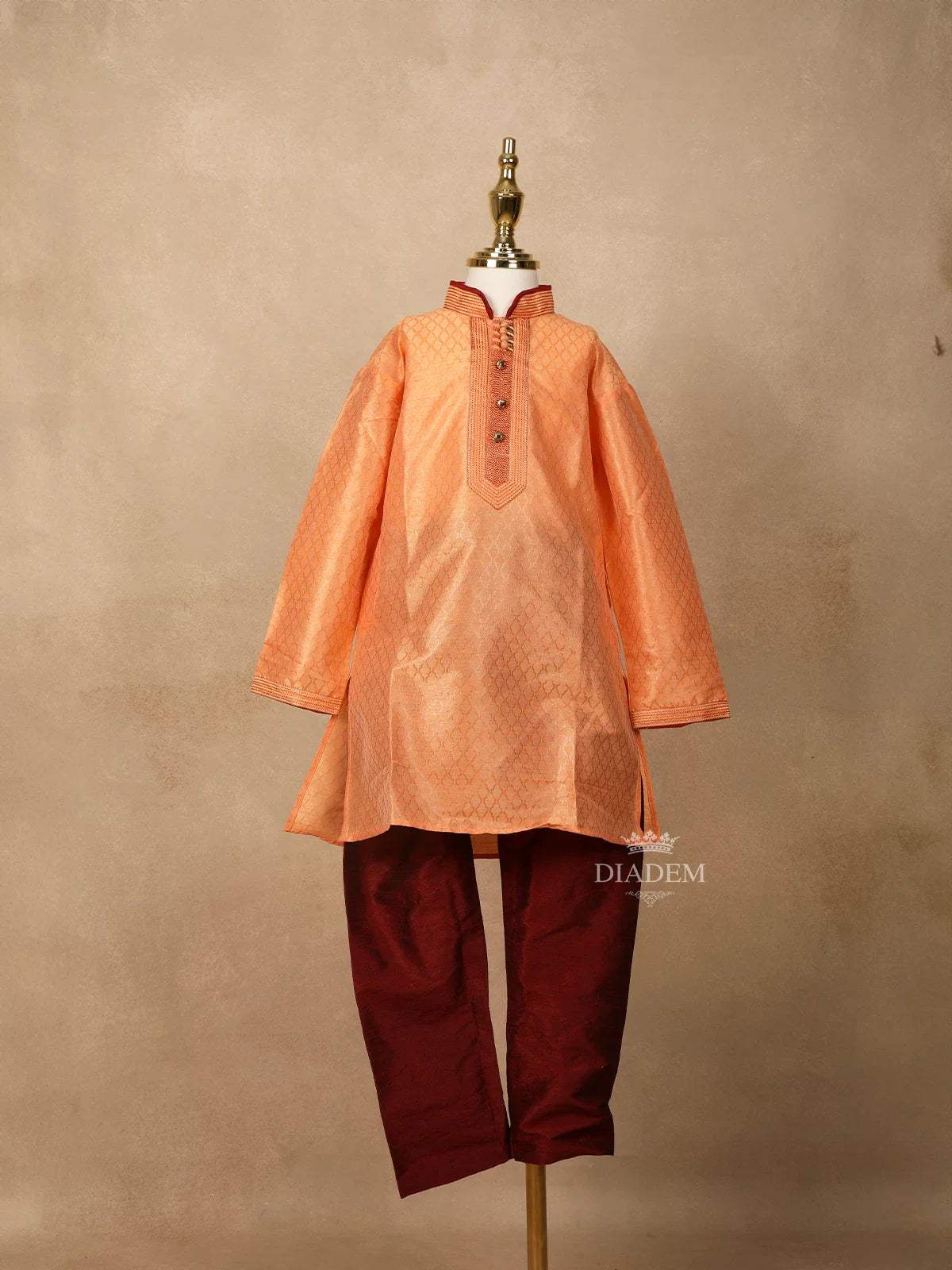 Orange Raw Silk Kurta Set with Contrast Maroon Pant - Diadem