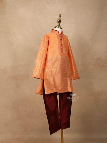 Orange Raw Silk Kurta Set with Contrast Maroon Pant - Diadem