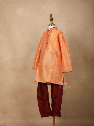Orange Raw Silk Kurta Set with Contrast Maroon Pant - Diadem