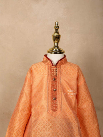 Orange Raw Silk Kurta Set with Contrast Maroon Pant - Diadem