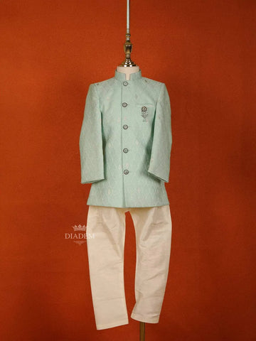 Aqua Green Raw Silk Sherwani Suit with Brooch - Diadem