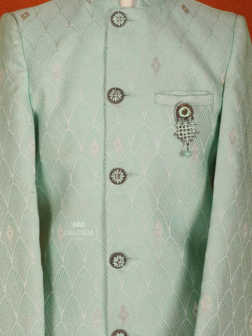Aqua Green Raw Silk Sherwani Suit with Brooch - Diadem