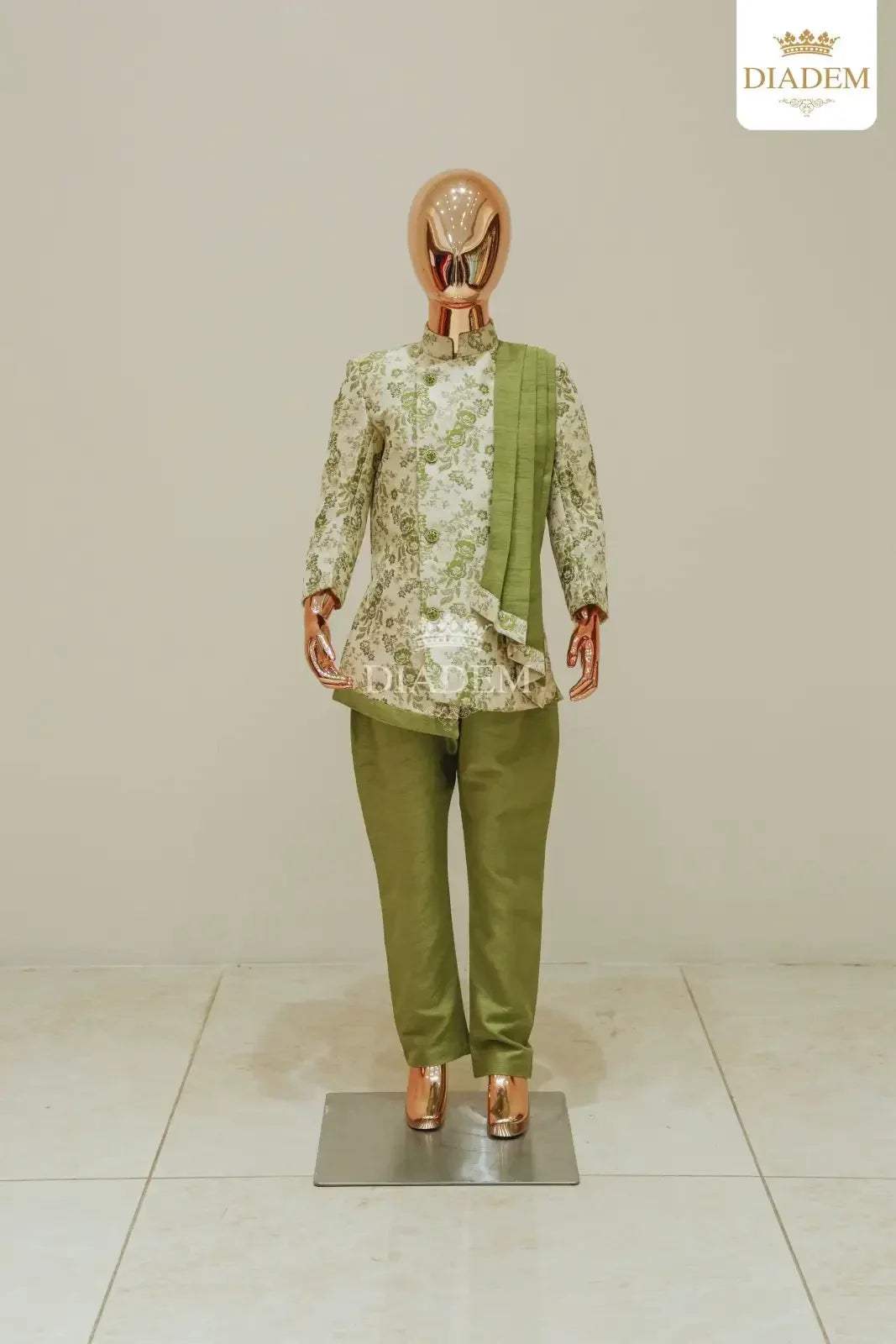 Mustard Green Indo Western Sherwani Set With Shawl - Diadem