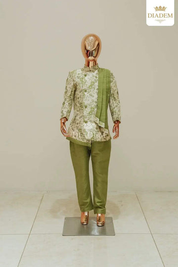 Mustard Green Indo Western Sherwani Set With Shawl - Diadem