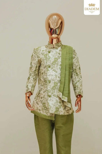 Mustard Green Indo Western Sherwani Set With Shawl - Diadem