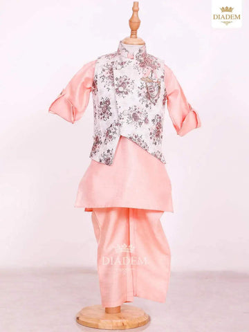 Apricot Orange Kurta Set with Floral Printed Waistcoat - Diadem