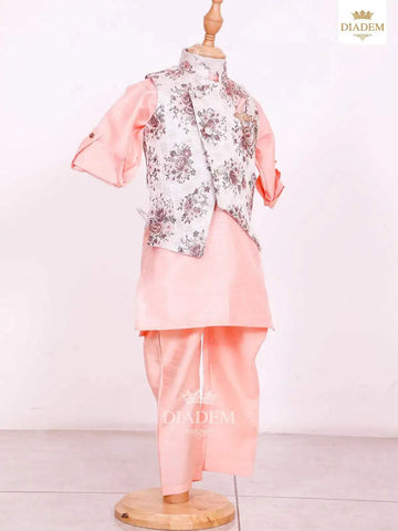 Apricot Orange Kurta Set with Floral Printed Waistcoat - Diadem