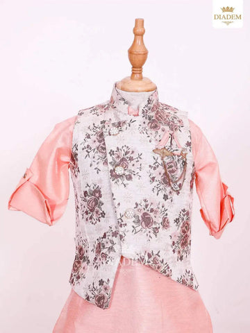 Apricot Orange Kurta Set with Floral Printed Waistcoat - Diadem