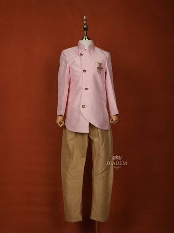 Light Pink Raw Silk Indo-Western Sherwani Suit with Brooch - Diadem