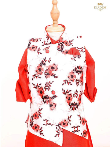Scarlet Red Kurta Set with Floral Printed Waistcoat - Diadem