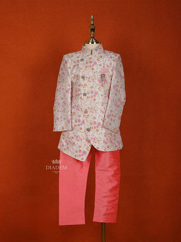 Off-White Silk Sherwani Suit with Floral Prints and Brooch - Diadem