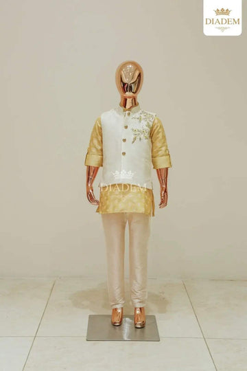 Gold and Ivory Kurta Pyjama Set with Embroidery Jacket - Diadem