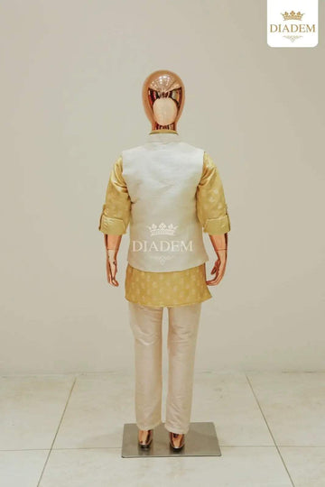 Gold and Ivory Kurta Pyjama Set with Embroidery Jacket - Diadem