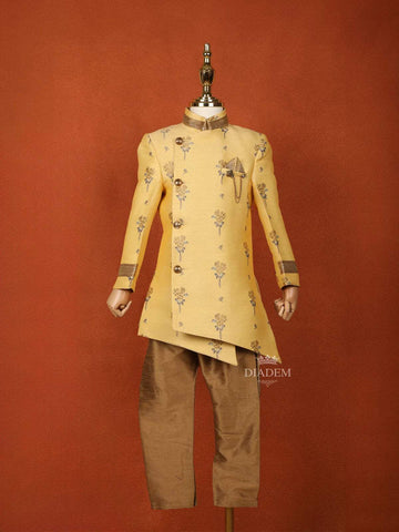Sandal Raw Silk Indo-Western Sherwani Suit Paired with Matching Brooch - Diadem
