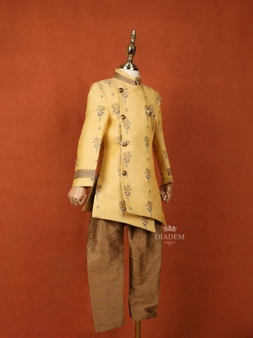 Sandal Raw Silk Indo-Western Sherwani Suit Paired with Matching Brooch - Diadem