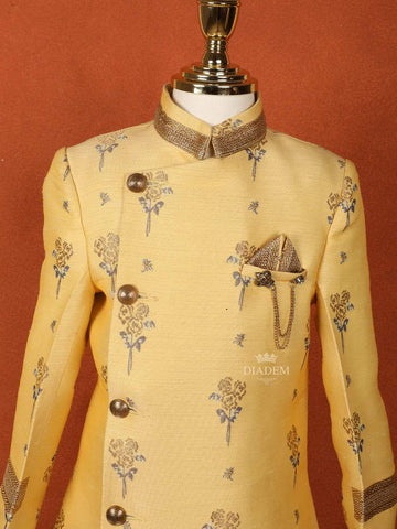 Sandal Raw Silk Indo-Western Sherwani Suit Paired with Matching Brooch - Diadem