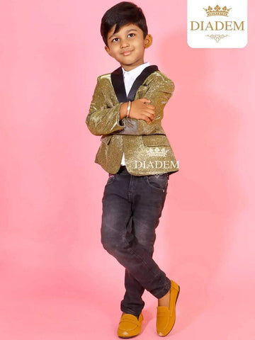 Gold Shimmer Tuxedo Full Sleeve Blazer for Boys - Diadem