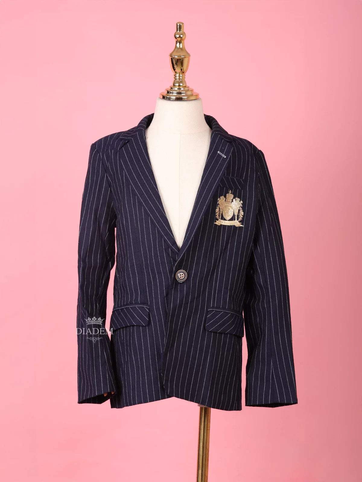 Navy Blue Cotton Blend Full Sleeve Striped Pattern Blazer for Boys - Diadem