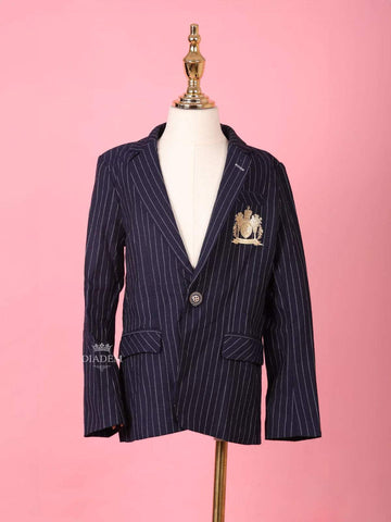 Navy Blue Cotton Blend Full Sleeve Striped Pattern Blazer for Boys - Diadem