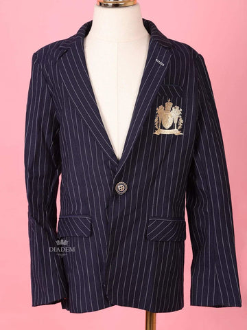 Navy Blue Cotton Blend Full Sleeve Striped Pattern Blazer for Boys - Diadem