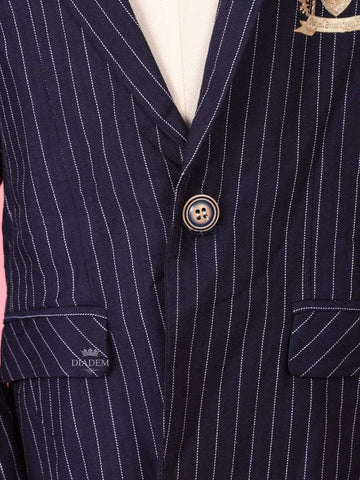 Navy Blue Cotton Blend Full Sleeve Striped Pattern Blazer for Boys - Diadem