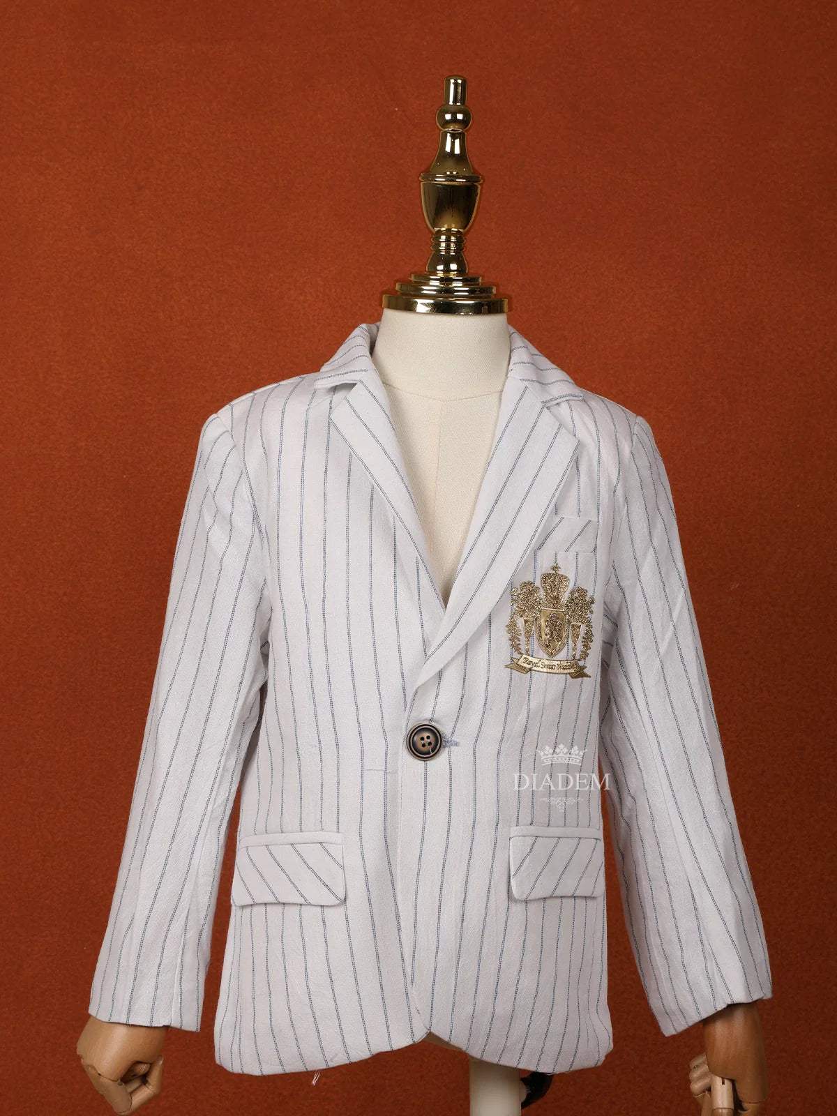 White Cotton Full Sleeve Blazer with Blue Stripes for Boys - Diadem