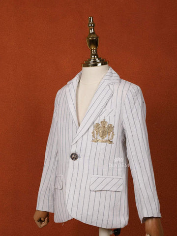 White Cotton Full Sleeve Blazer with Blue Stripes for Boys - Diadem