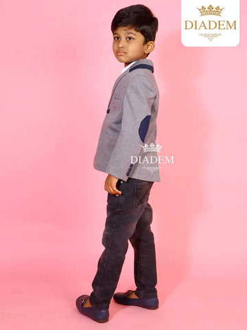 Slate Grey Aplic Design Full Sleeve Blazer - Diadem