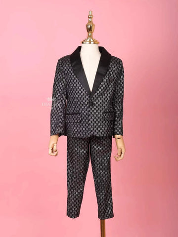 Black and Silver Shimmer Tuxedo with Checked Pattern Coat Suit for Boys - Diadem
