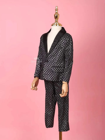 Black and Silver Shimmer Tuxedo with Checked Pattern Coat Suit for Boys - Diadem
