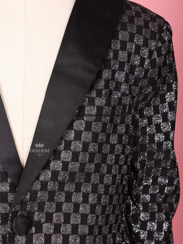 Black and Silver Shimmer Tuxedo with Checked Pattern Coat Suit for Boys - Diadem