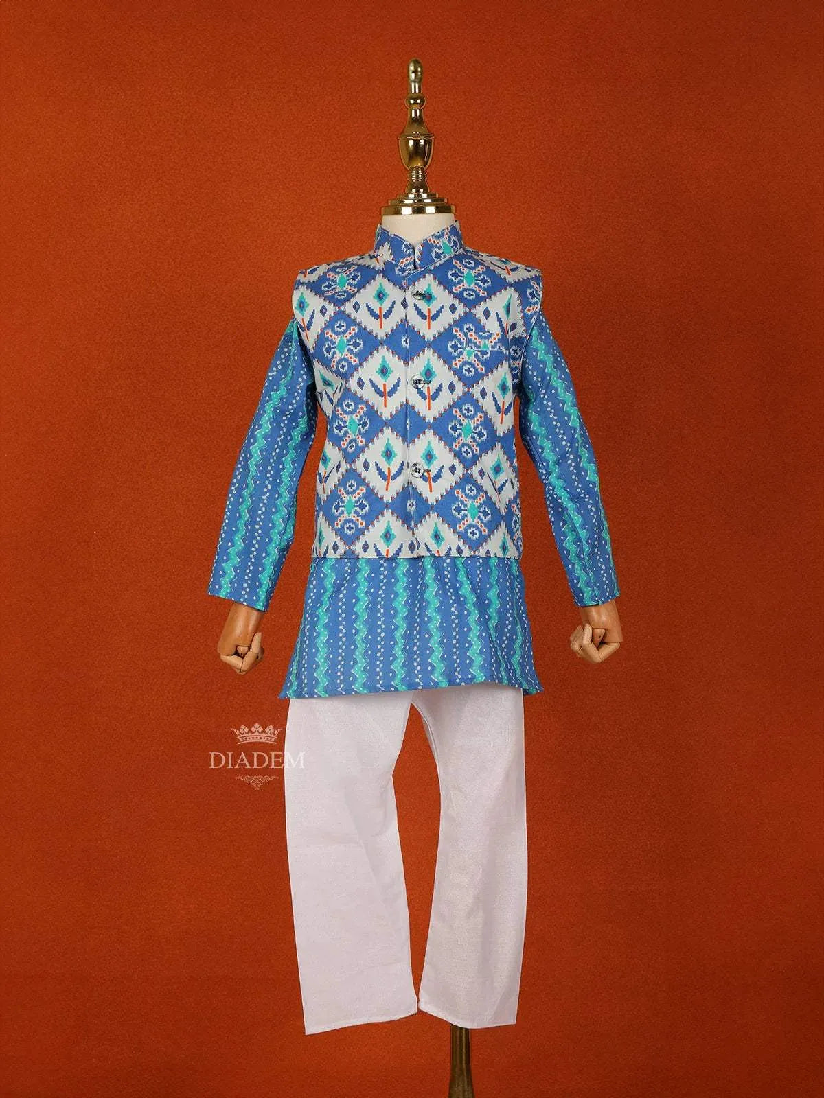 Blue Cotton Kurta with White Pants and Matching Overcoat - Diadem