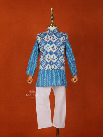 Blue Cotton Kurta with White Pants and Matching Overcoat - Diadem