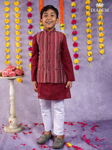 Dark Maroon Kurta Pyjama with Design Jacket - Diadem