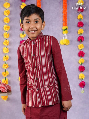 Dark Maroon Kurta Pyjama with Design Jacket - Diadem