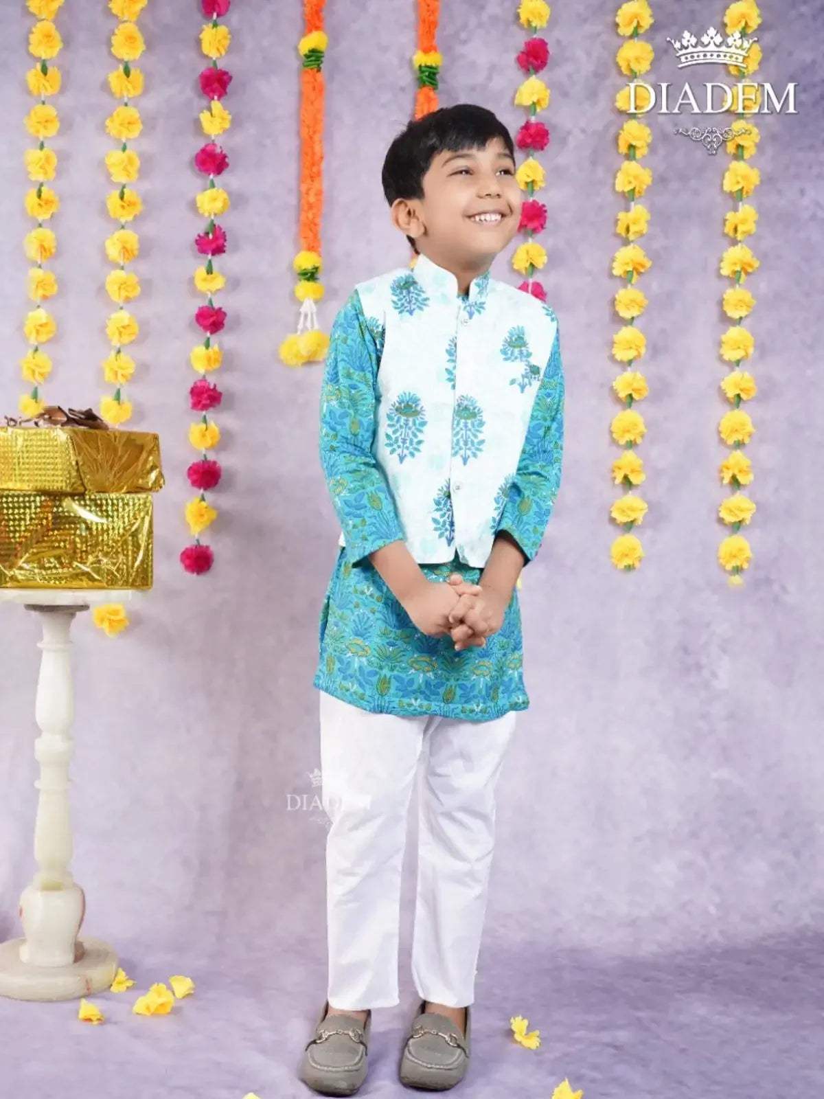 Off White and Peacock Blue Kurta Pyjama Enhanced in Floral Prints with Jacket - Diadem