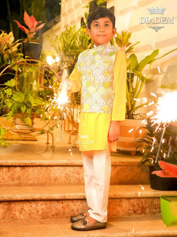 Sun Yellow Kurta Pyjama with Off White Pant and Bandhani Design Jacket - Diadem