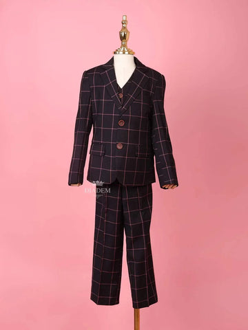 Black Cotton Blend Striped Pattern Coat and Suit for Boys - Diadem